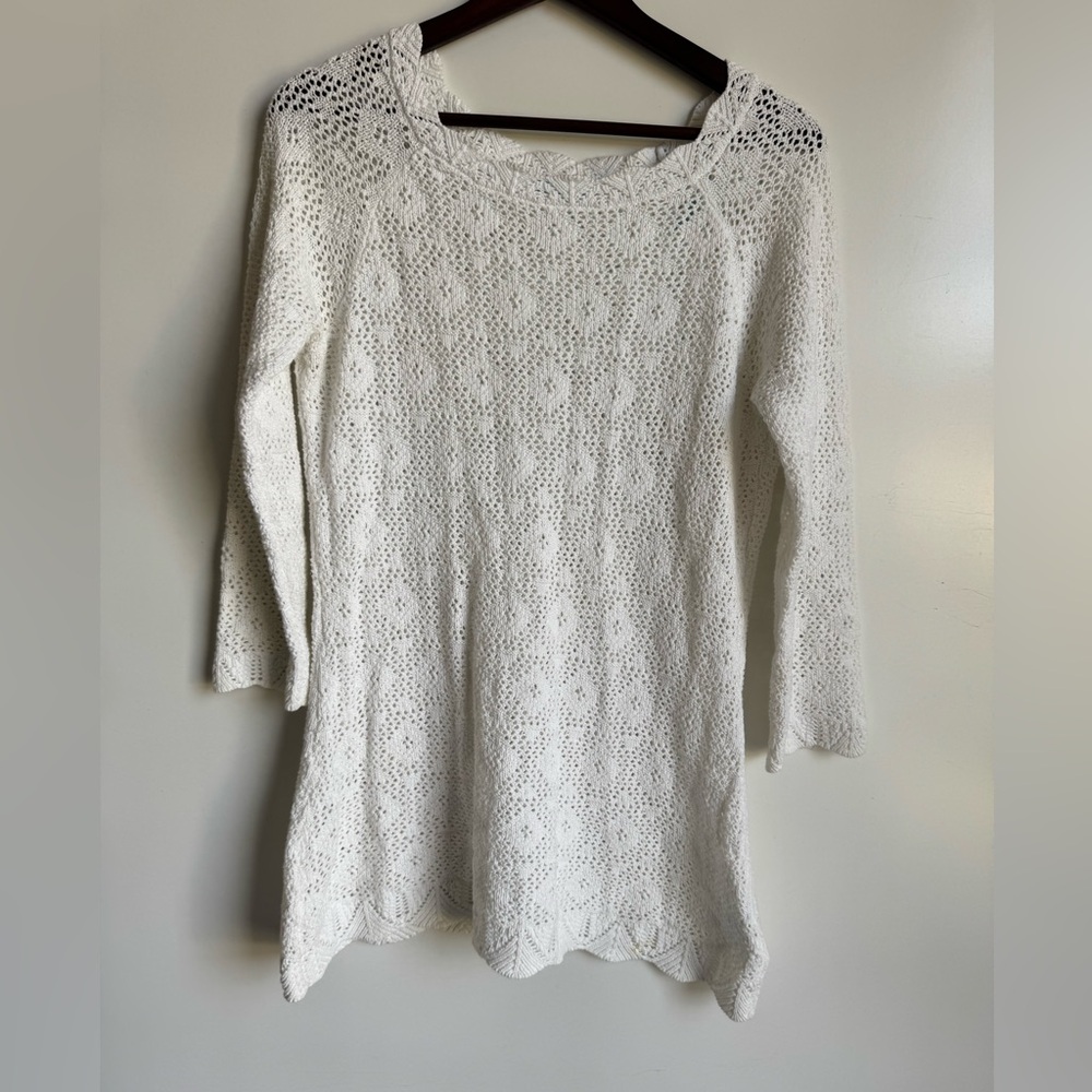 J McLaughlin Women Medium White Open Knit Crochet Sweater‎ Floral 100% Cotton